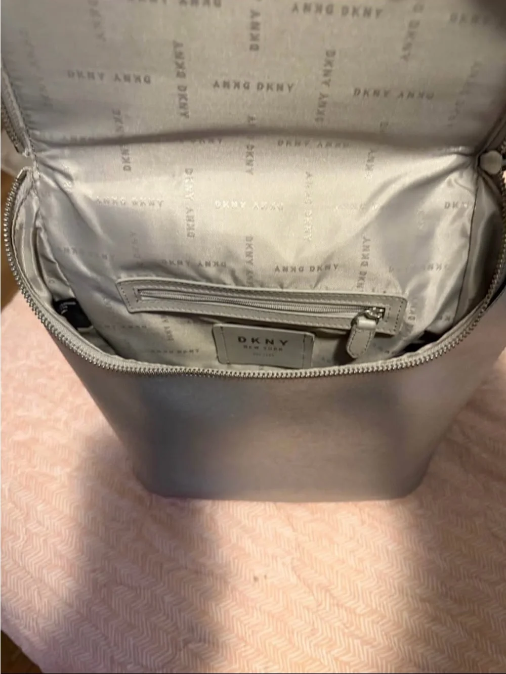 DKNY Metallic Silver Leather Backpack Rucksack Bag